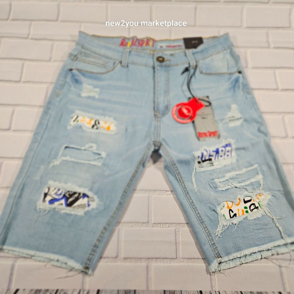 Mens Blue Denim Distressed 5 Pockets Frayed Hem shorts Royal Spirit Short